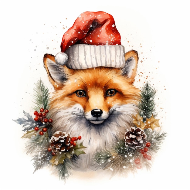 Il y a un renard portant un chapeau de Père Noël et une couronne générative ai
