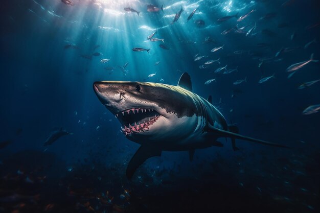 Il y a un requin qui nage dans l'océan avec sa bouche ouverte.