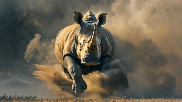 Il y a un rhinocéros qui court dans la saleté avec de la poussière sortant de son dos.