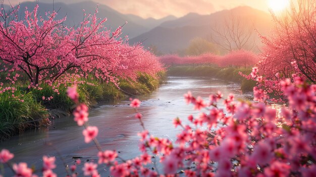 Photo il y a une rivière qui coule à travers une forêt verte luxuriante remplie de fleurs roses.