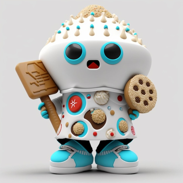 Il y a un robot blanc aux yeux bleus tenant un biscuit et un bâton de bois génératif ai
