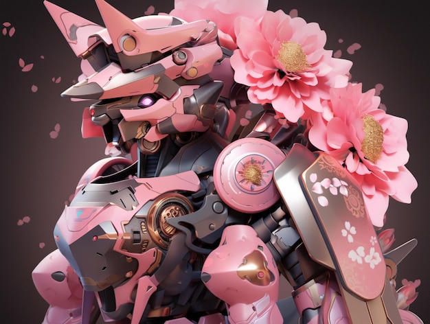 Il y a un robot rose et noir avec des fleurs dessus.