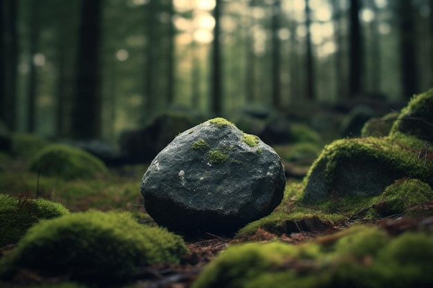 Il y a un rocher au milieu d'une forêt avec de la mousse générative ai