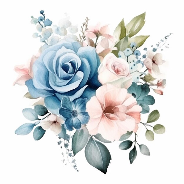 Il y a une rose bleue et des fleurs roses sur un fond blanc.