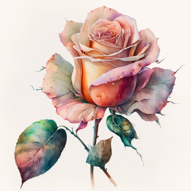 Il y a une rose qui est peinte à l'aquarelle sur fond blanc ai générative