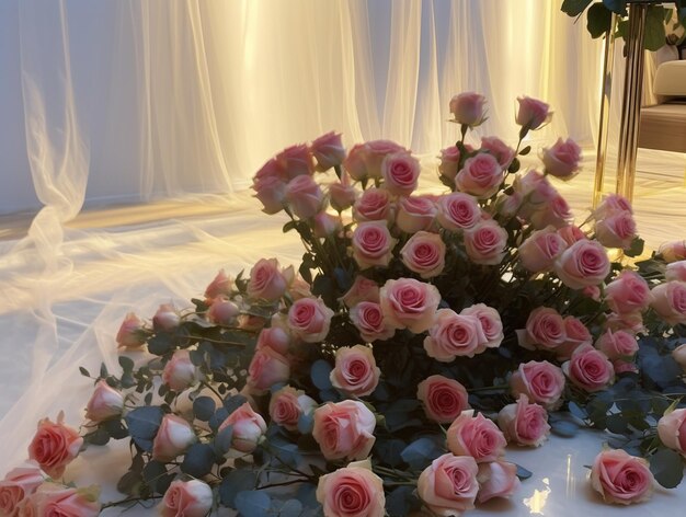 il y a des roses roses et des feuilles d'eucalyptus sur une table blanche ai générative