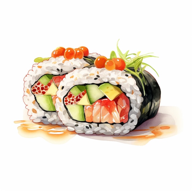 Il y a un rouleau de sushi avec des légumes et de la sauce dessus.