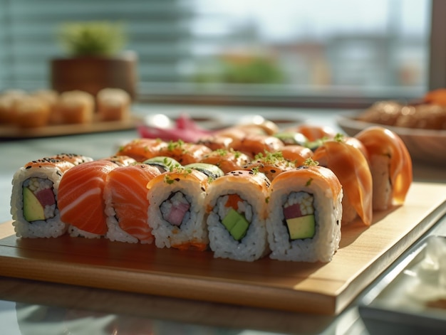 Il y a un rouleau de sushi sur une planche de bois sur une table générative ai