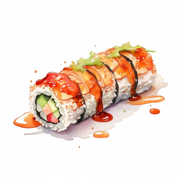 Il y a un rouleau de sushi avec de la sauce et des légumes dessus.