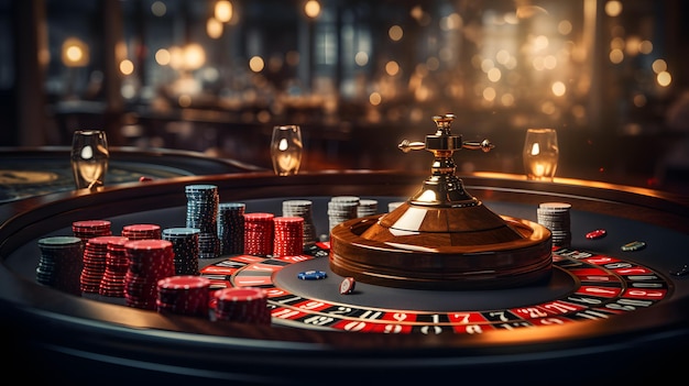 il y a une roulette de casino avec des jetons et un verre de vin IA générative