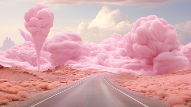 Il y a une route avec beaucoup de nuages roses dessus ai génératif