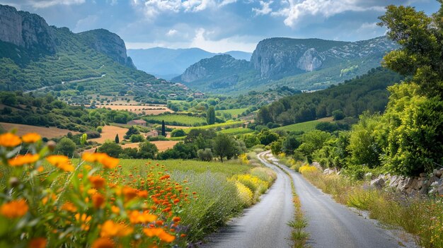 Il y a une route de terre qui serpente à travers une vallée générative ai