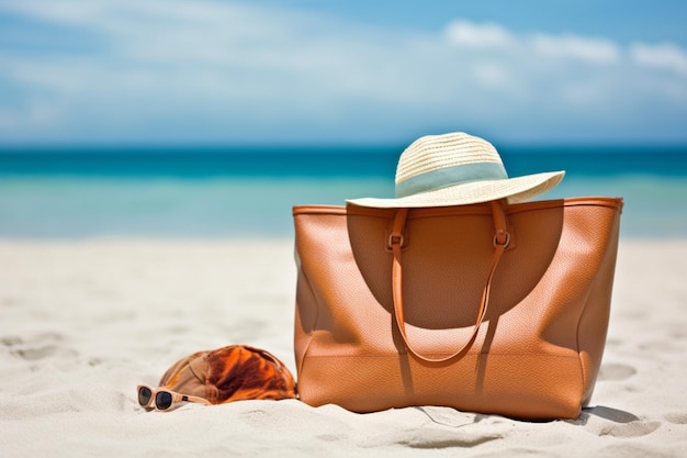 Il y a un sac bronzé et des lunettes de soleil sur la plage.