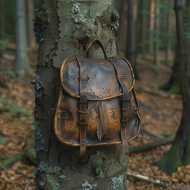 Photo il y a un sac à dos en cuir brun accroché à un tronc d'arbre.