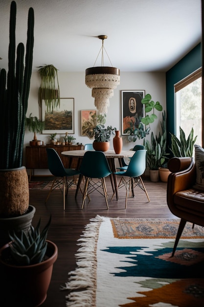 il y a une salle à manger avec une table et des chaises et une IA générative de plantes de cactus