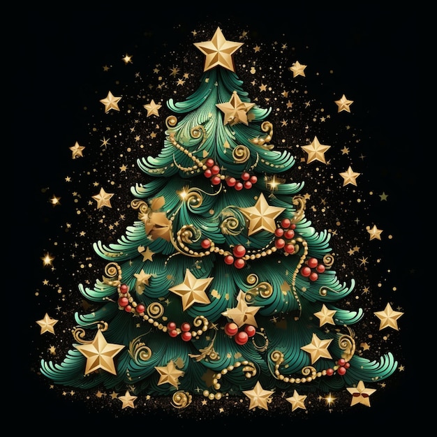 il y a un sapin de Noël avec des étoiles dorées et des décorations générative ai