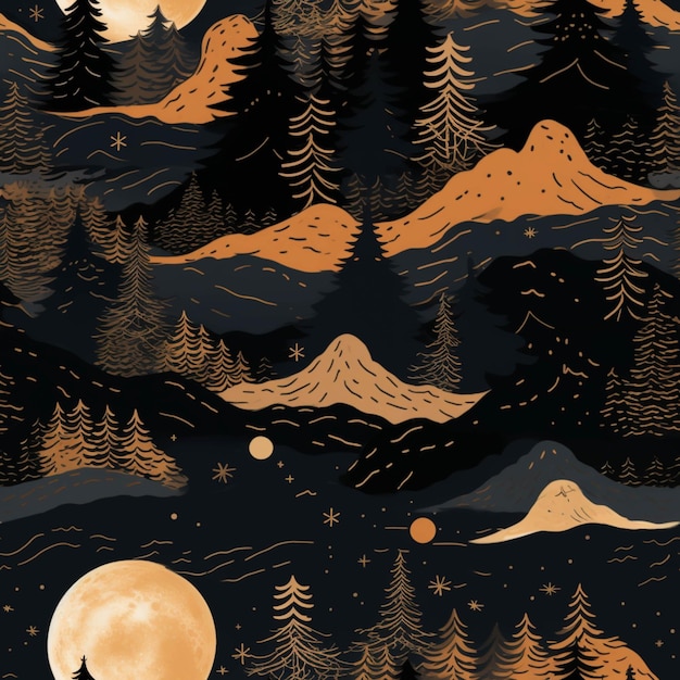 Il y a une scène de montagne noire et dorée avec une lune pleine générative ai