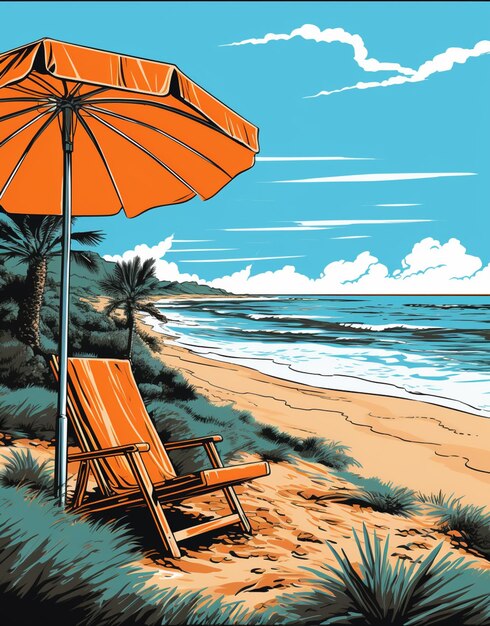 Il y a une scène de plage avec une chaise et un parapluie sur la plage.