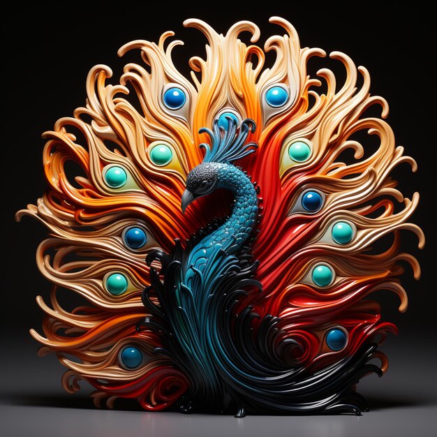 il y a une sculpture colorée d'un paon avec de nombreuses couleurs ai générative