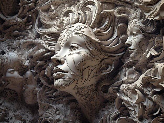 Il y a une sculpture d'une femme avec un visage fait d'argile générative ai
