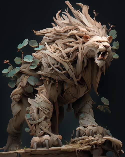 Photo il y a une sculpture d'un lion faite de papier et de bois génératif ai