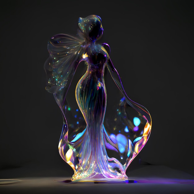 Il y a une sculpture en verre d'une femme avec une robe sur ai générative