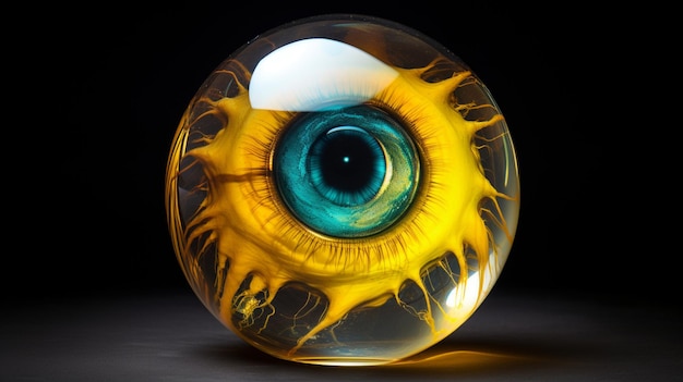 il y a une sculpture en verre d'un œil jaune avec un iris bleu IA générative
