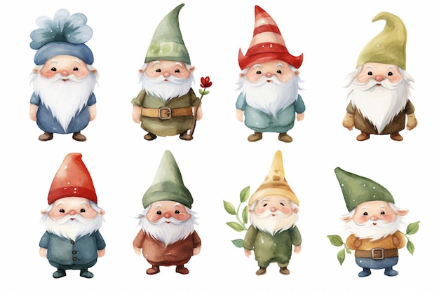 Photo il y a sept gnomes avec des chapeaux et des barbes de différentes couleurs.