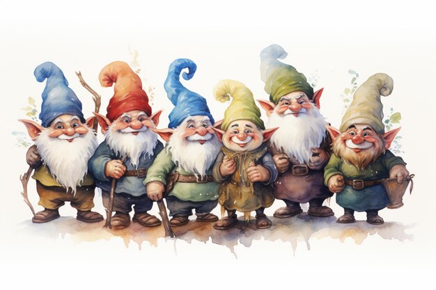 Photo il y a sept gnomes debout ensemble dans une rangée avec un tenant un bâton génératif ai