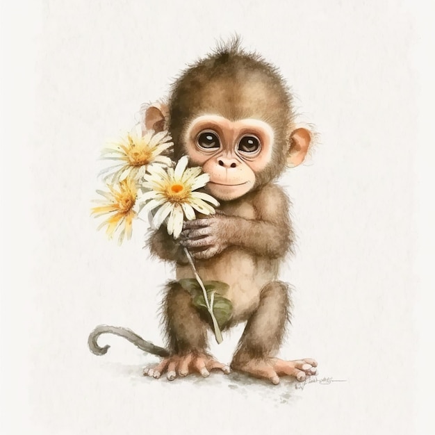 Il y a un singe tenant une fleur dans sa main ai générative