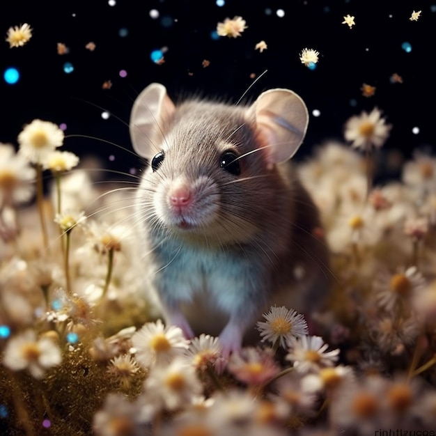 il y a une souris assise dans des fleurs ai générative