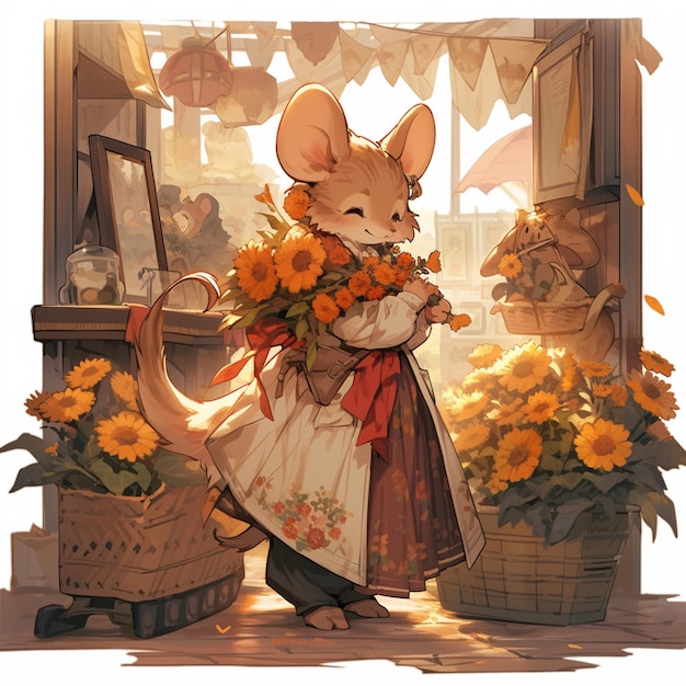 Il y a une souris de dessin animé avec un bouquet de fleurs dans sa main