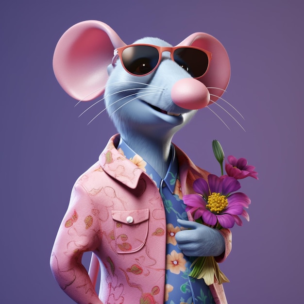 Il y a une souris de dessin animé portant des lunettes de soleil et tenant une fleur générative ai