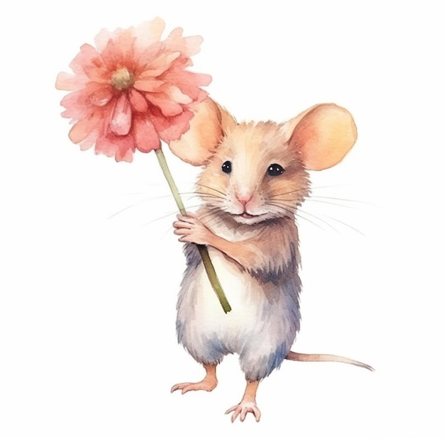 Il y a une souris tenant une fleur dans sa main IA générative