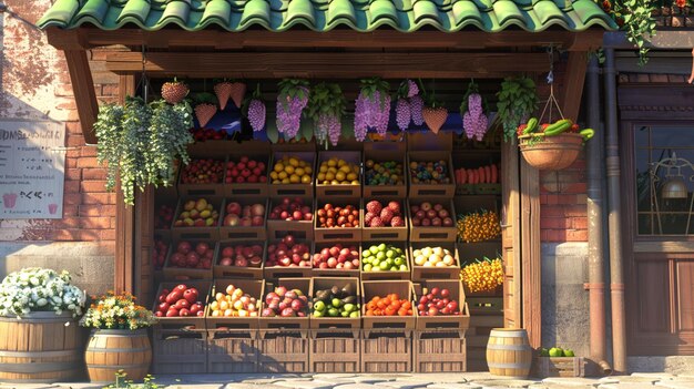 Il y a un stand de fruits avec beaucoup de fruits et légumes génératifs ai