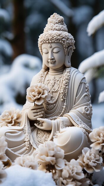 Il y a une statue de Bouddha assise dans la neige.