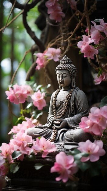 Il y a une statue de Bouddha assise sur une table entourée de fleurs.