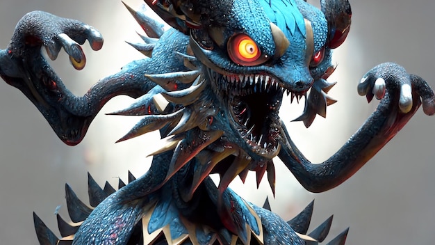 il y a une statue de dragon bleu avec des yeux rouges et des dents pointues ai générative