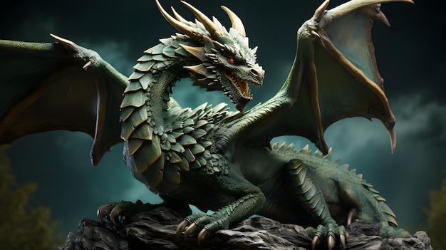 Il y a une statue d'un dragon avec un grand corps vert IA générative