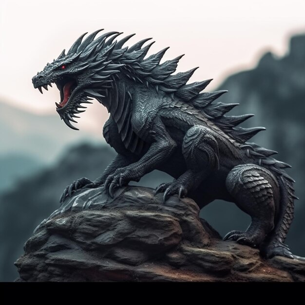 Il y a une statue d'un dragon sur un rocher avec des montagnes en arrière-plan ai générative