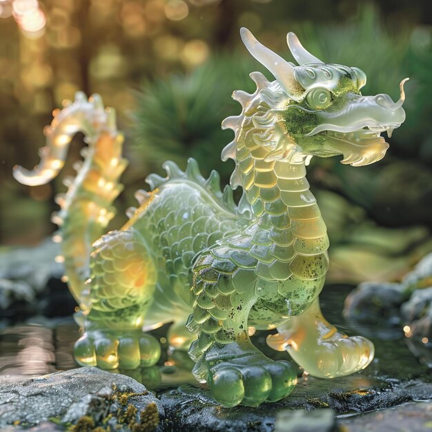 Photo il y a une statue de dragon de verre assise sur un rocher dans l'eau générative ai