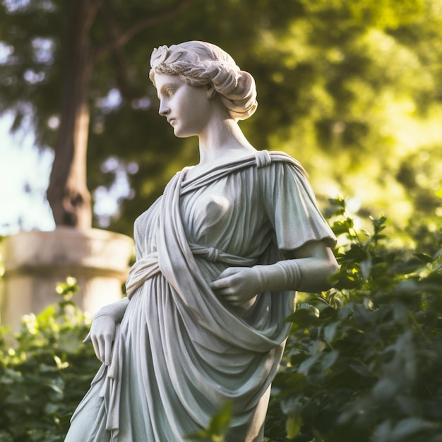 Il y a une statue d'une femme dans une robe debout dans un jardin génératif ai