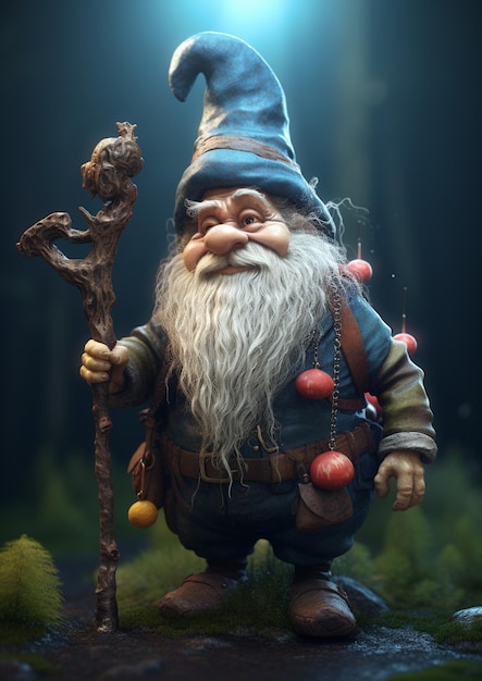 il y a une statue d'un gnome avec une longue barbe et un bâton ai génératif