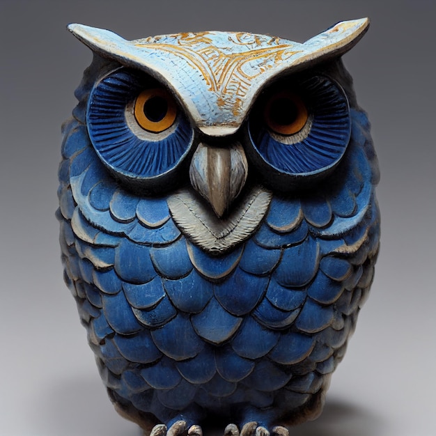 Il y a une statue de hibou bleu avec un œil jaune génératif ai