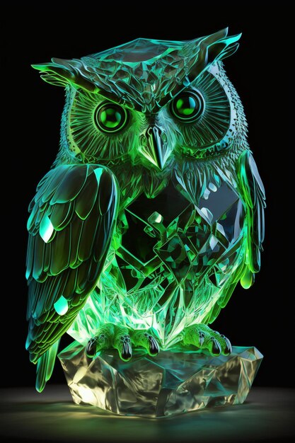 Il y a une statue de hibou verte assise sur un rocher avec un fond noir génératif ai