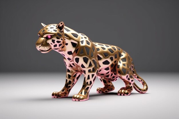 Photo il y a une statue de léopard doré et rose sur une surface blanche générative ai