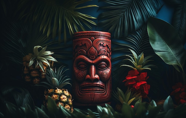 Il y a une statue de tiki rouge entourée de plantes tropicales générative ai