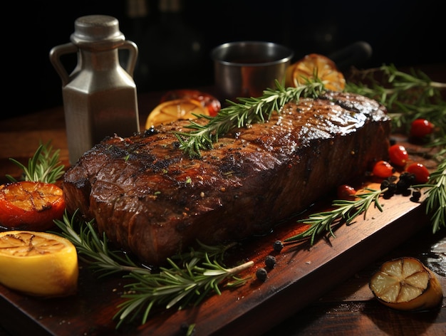 Il y a un steak sur une planche à couper avec un tas de légumes génératifs ai