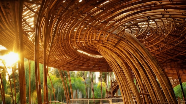 Il y a une structure en bambou avec un toit en bois et un plancher en bois génératif ai