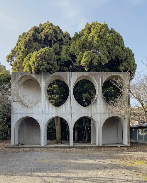 Il y a une structure en béton avec des arches et des arbres sur le dessus.